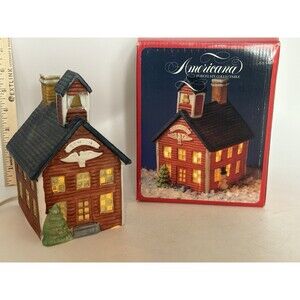 Americana Porcelain Collectible School House Lighted Christmas Village w/